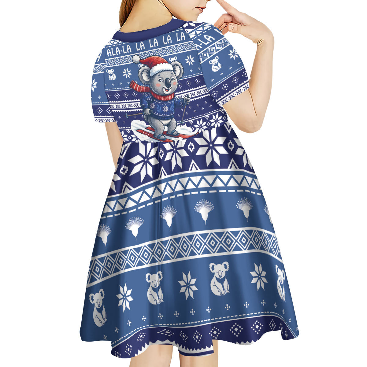 Australia Christmas In July Kid Short Sleeve Dress Koala Santa Skiing Blue Color