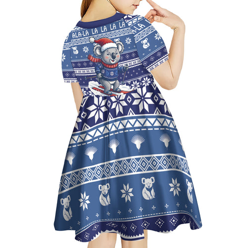 Australia Christmas In July Kid Short Sleeve Dress Koala Santa Skiing Blue Color