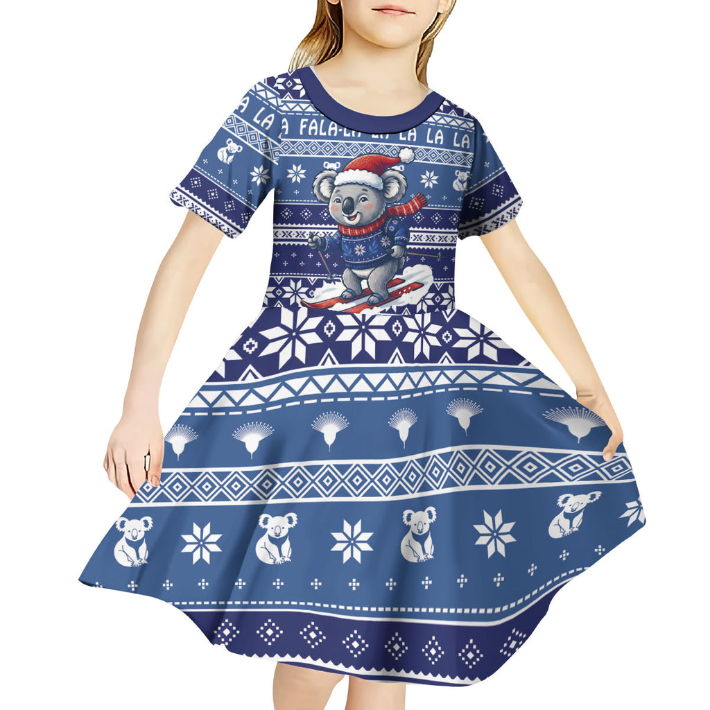 Australia Christmas In July Kid Short Sleeve Dress Koala Santa Skiing Blue Color