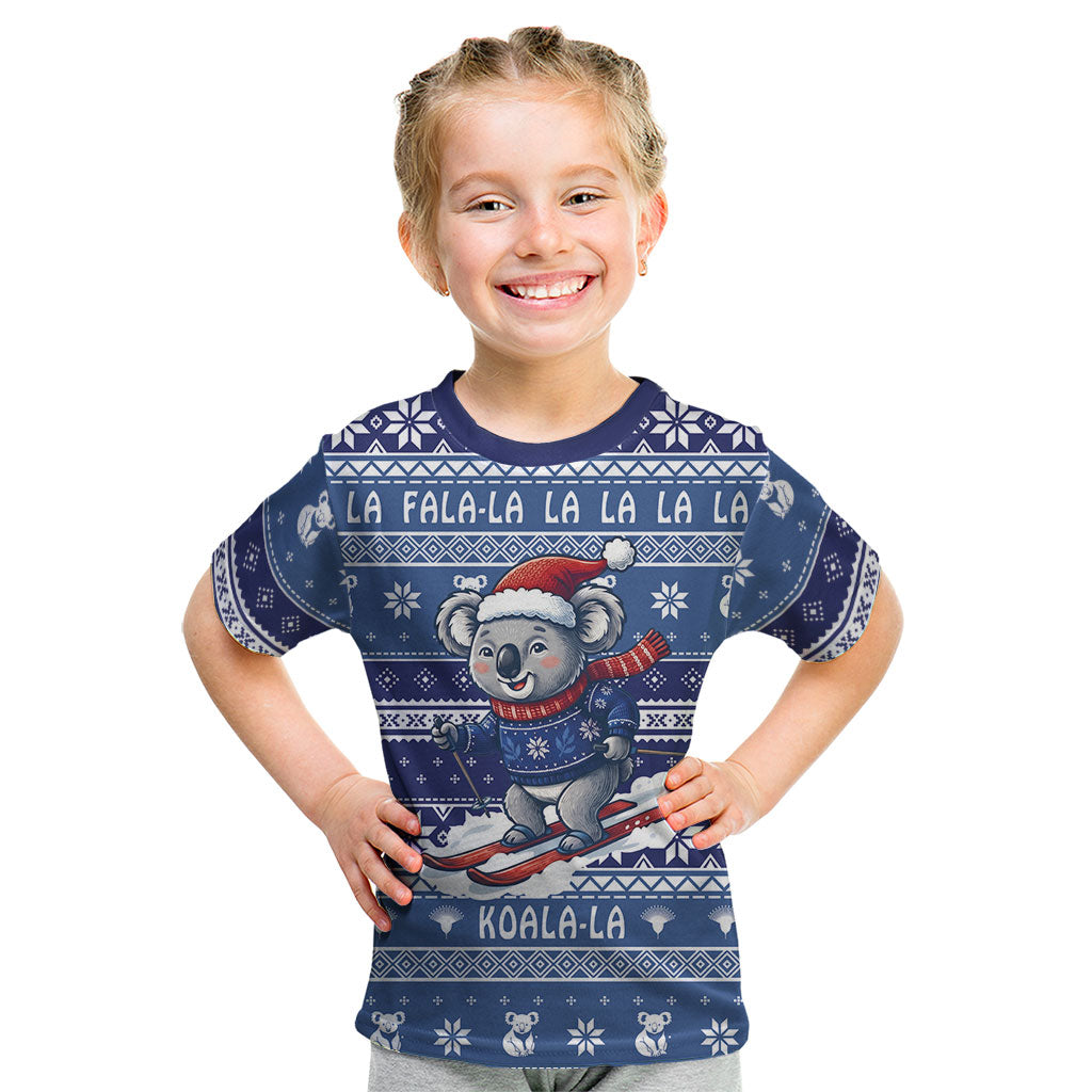 Australia Christmas In July Kid T Shirt Koala Santa Skiing Blue Color