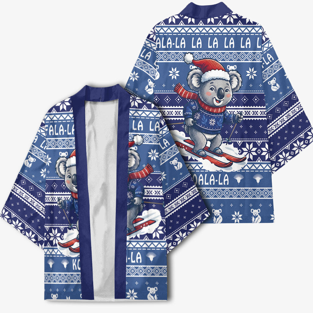 Australia Christmas In July Kimono Koala Santa Skiing Blue Color