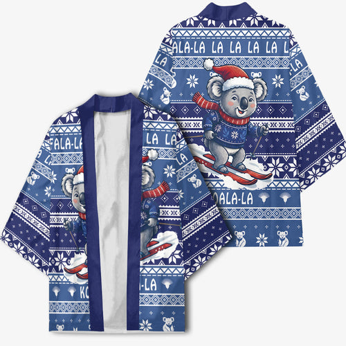 Australia Christmas In July Kimono Koala Santa Skiing Blue Color