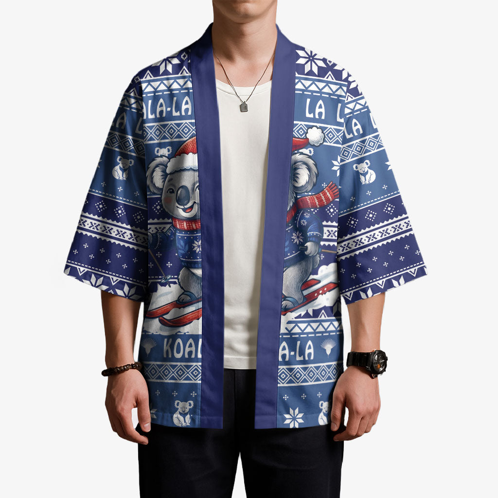 Australia Christmas In July Kimono Koala Santa Skiing Blue Color