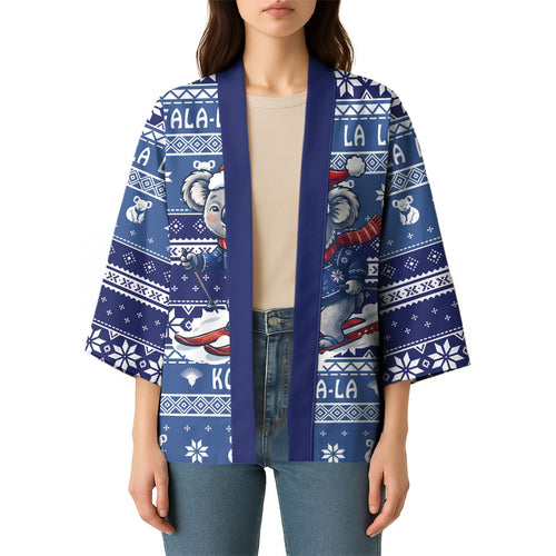 Australia Christmas In July Kimono Koala Santa Skiing Blue Color