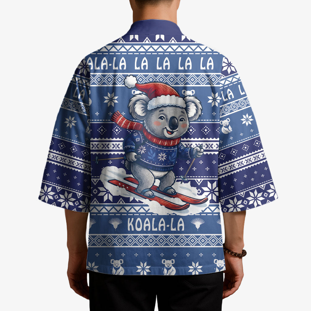 Australia Christmas In July Kimono Koala Santa Skiing Blue Color