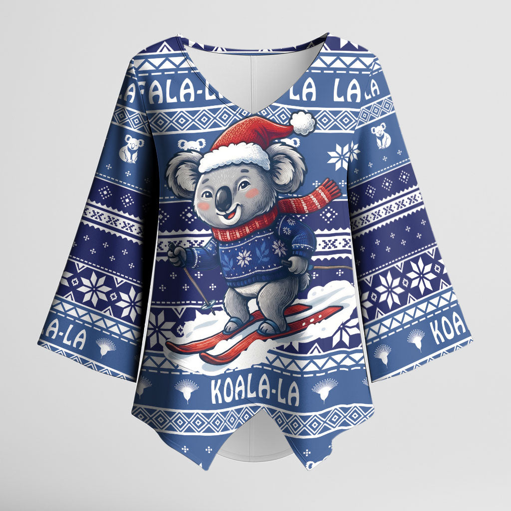 Australia Christmas In July Kimono Sleeve Blouse Koala Santa Skiing Blue Color