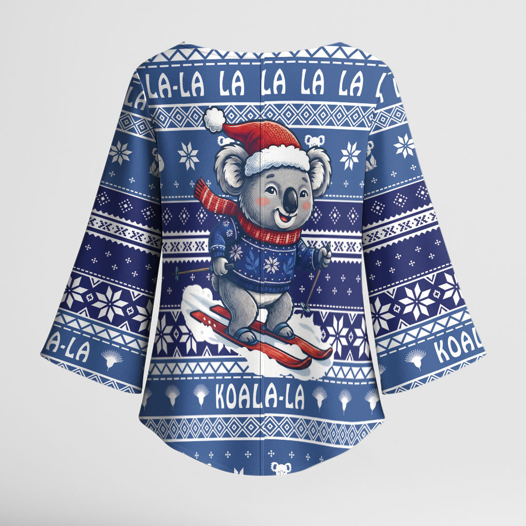 Australia Christmas In July Kimono Sleeve Blouse Koala Santa Skiing Blue Color