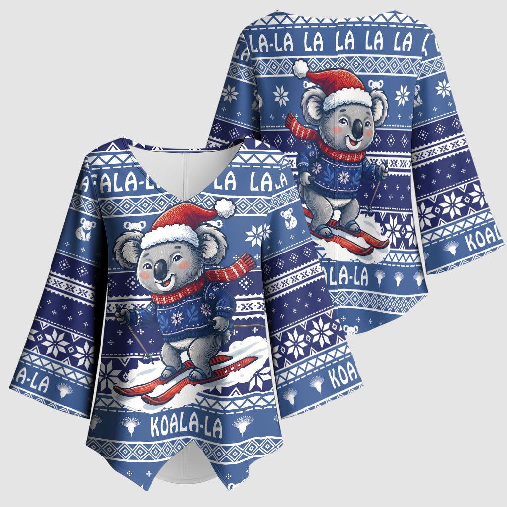 Australia Christmas In July Kimono Sleeve Blouse Koala Santa Skiing Blue Color