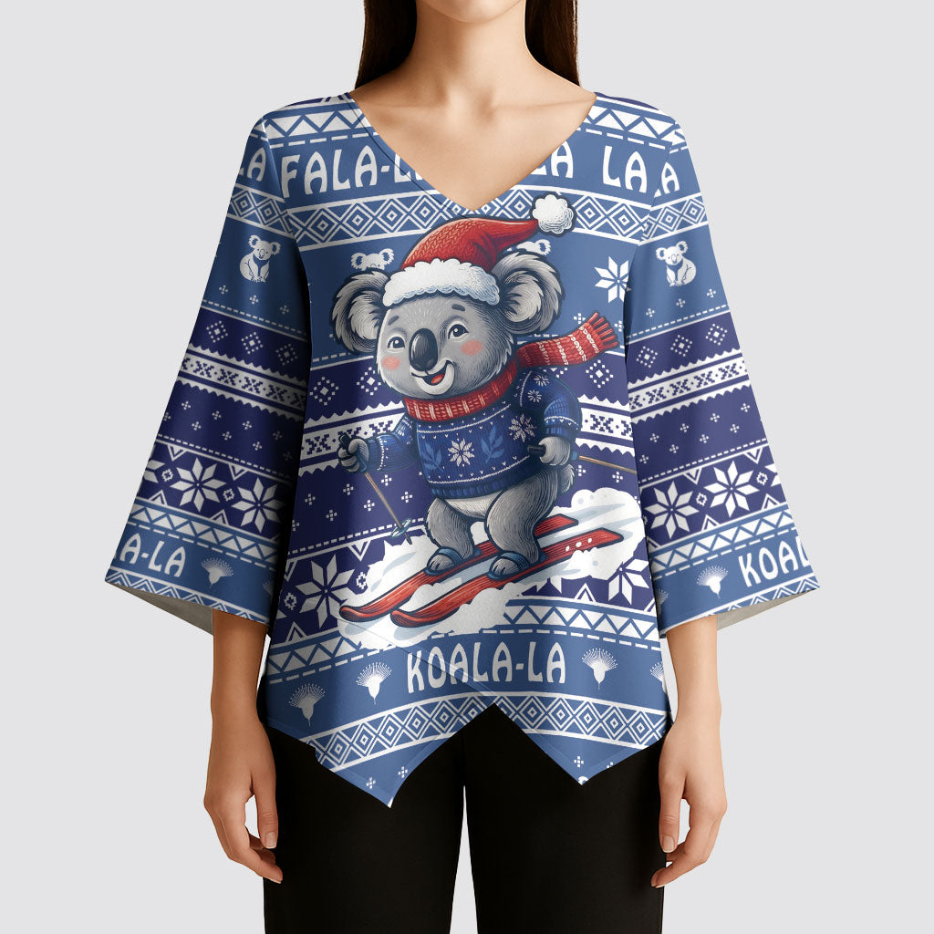 Australia Christmas In July Kimono Sleeve Blouse Koala Santa Skiing Blue Color