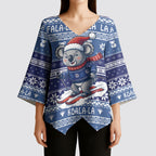 Australia Christmas In July Kimono Sleeve Blouse Koala Santa Skiing Blue Color