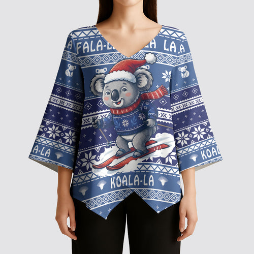 Australia Christmas In July Kimono Sleeve Blouse Koala Santa Skiing Blue Color