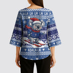 Australia Christmas In July Kimono Sleeve Blouse Koala Santa Skiing Blue Color