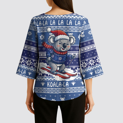 Australia Christmas In July Kimono Sleeve Blouse Koala Santa Skiing Blue Color