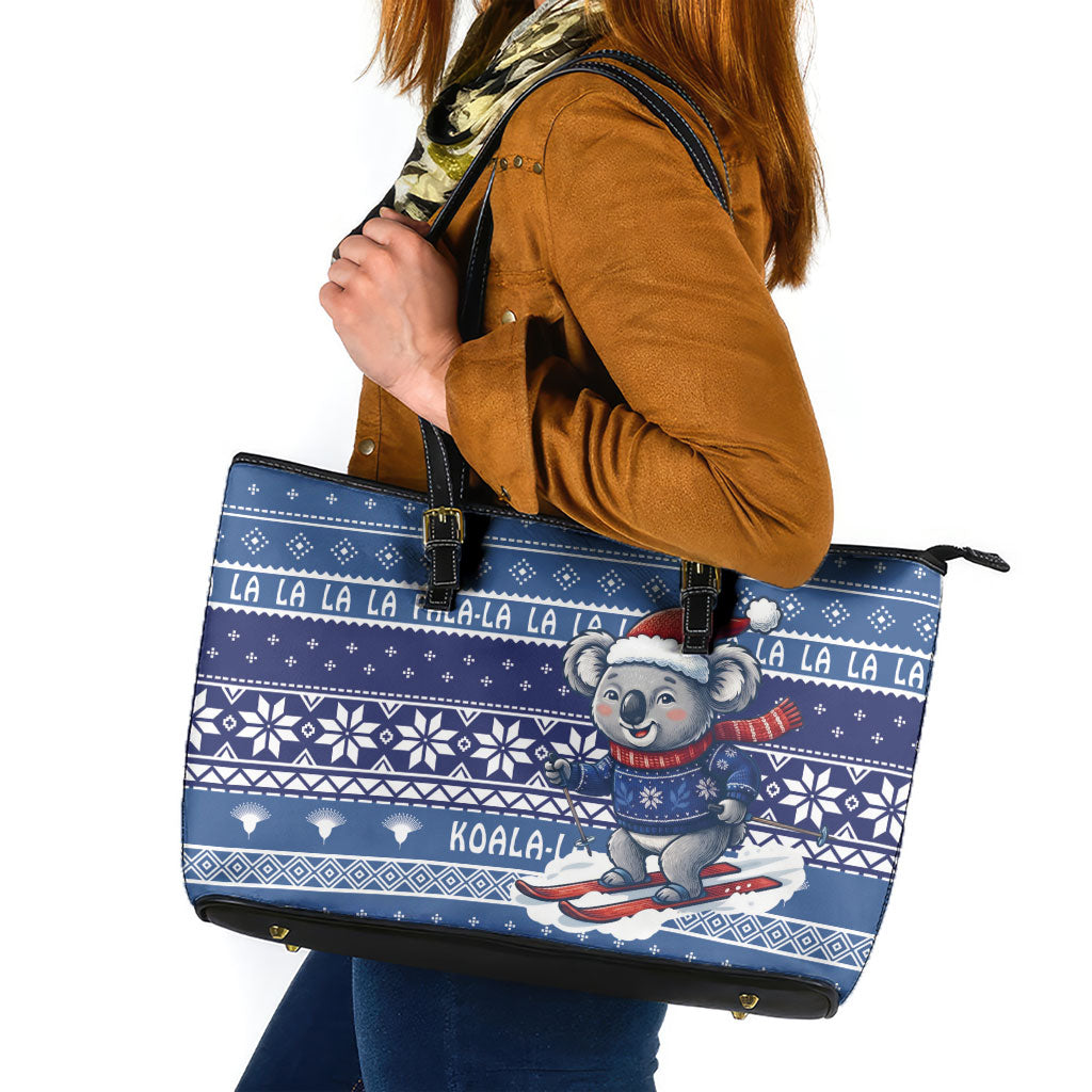 Australia Christmas In July Leather Tote Bag Koala Santa Skiing Blue Color