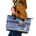 Australia Christmas In July Leather Tote Bag Koala Santa Skiing Blue Color