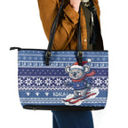 Australia Christmas In July Leather Tote Bag Koala Santa Skiing Blue Color
