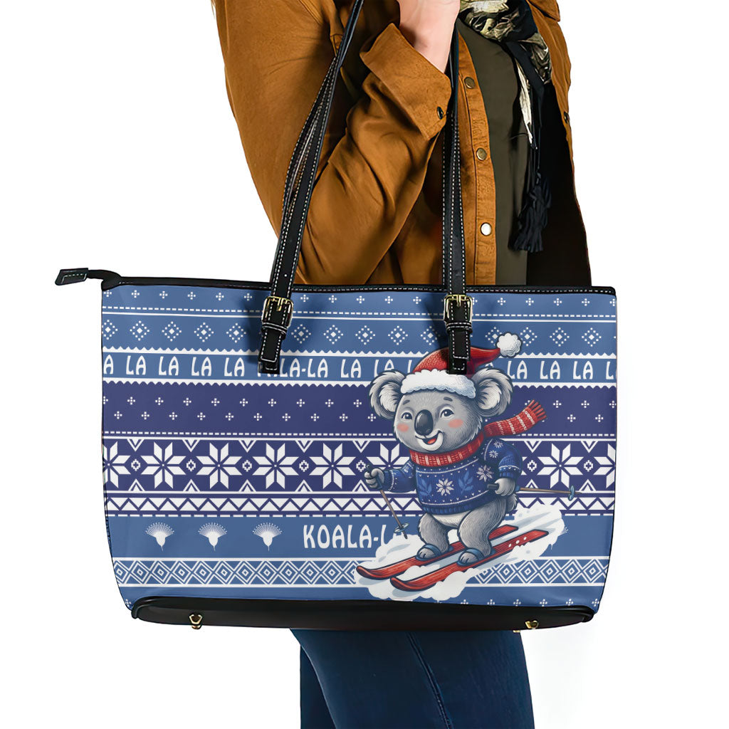 Australia Christmas In July Leather Tote Bag Koala Santa Skiing Blue Color