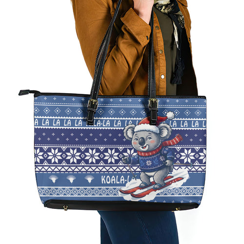 Australia Christmas In July Leather Tote Bag Koala Santa Skiing Blue Color