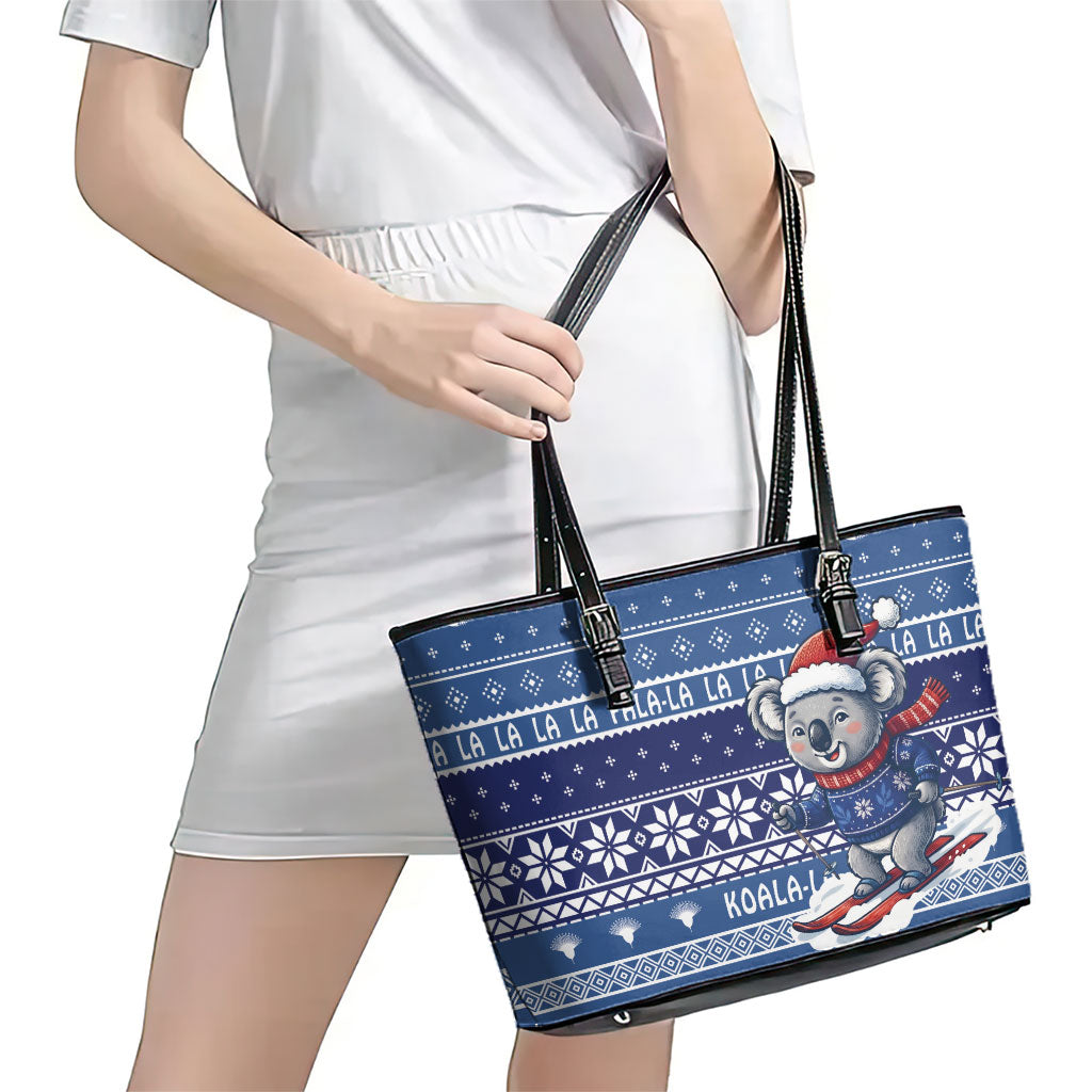 Australia Christmas In July Leather Tote Bag Koala Santa Skiing Blue Color