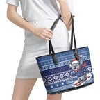 Australia Christmas In July Leather Tote Bag Koala Santa Skiing Blue Color