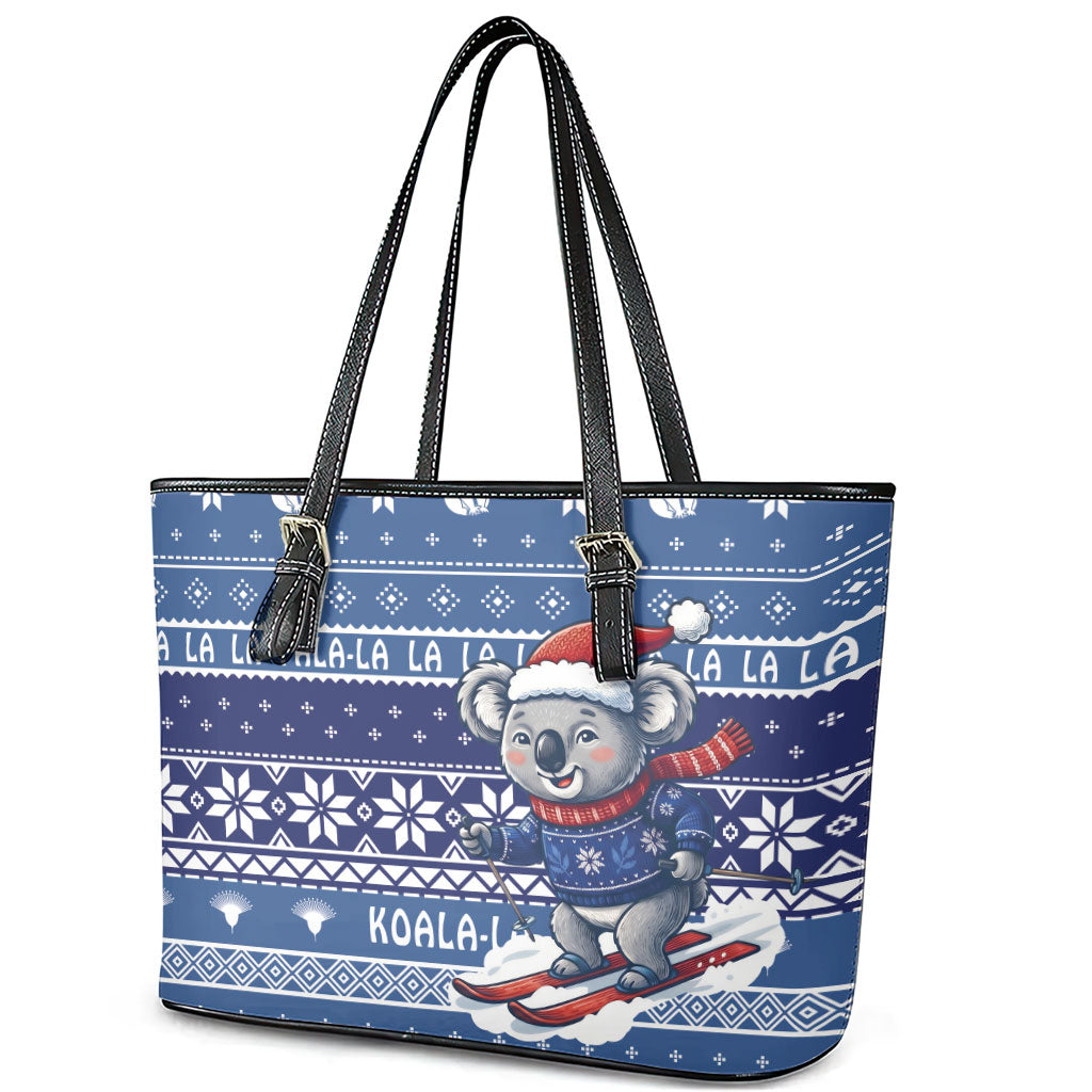 Australia Christmas In July Leather Tote Bag Koala Santa Skiing Blue Color