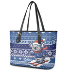 Australia Christmas In July Leather Tote Bag Koala Santa Skiing Blue Color
