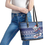 Australia Christmas In July Leather Tote Bag Koala Santa Skiing Blue Color