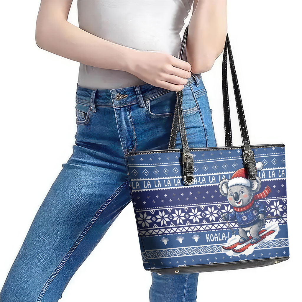 Australia Christmas In July Leather Tote Bag Koala Santa Skiing Blue Color