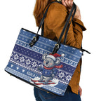 Australia Christmas In July Leather Tote Bag Koala Santa Skiing Blue Color
