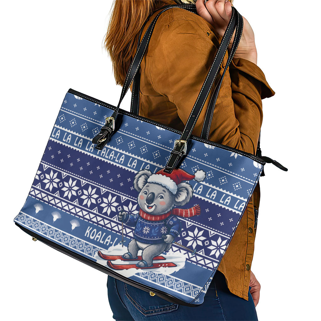 Australia Christmas In July Leather Tote Bag Koala Santa Skiing Blue Color