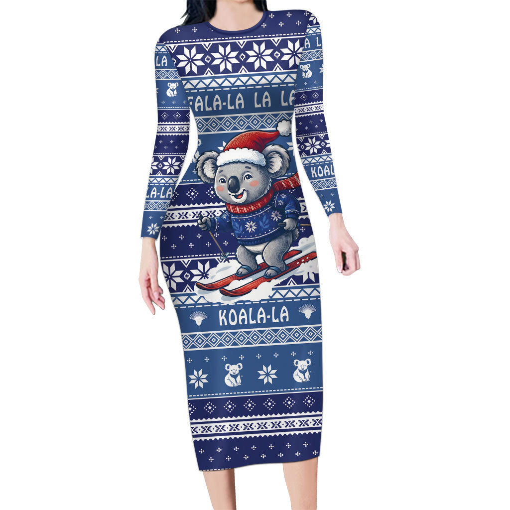 Australia Christmas In July Long Sleeve Bodycon Dress Koala Santa Skiing Blue Color