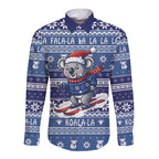 Australia Christmas In July Long Sleeve Button Shirt Koala Santa Skiing Blue Color