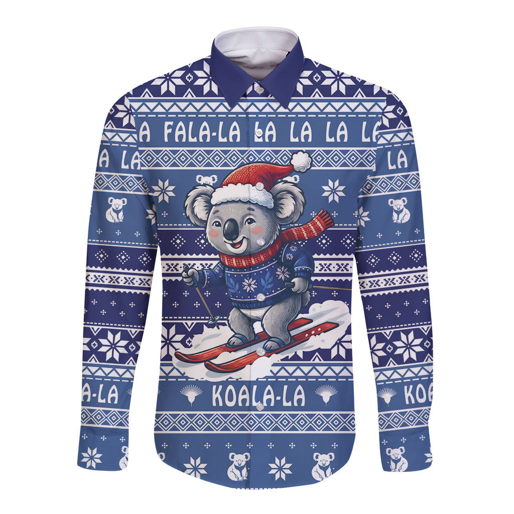 Australia Christmas In July Long Sleeve Button Shirt Koala Santa Skiing Blue Color