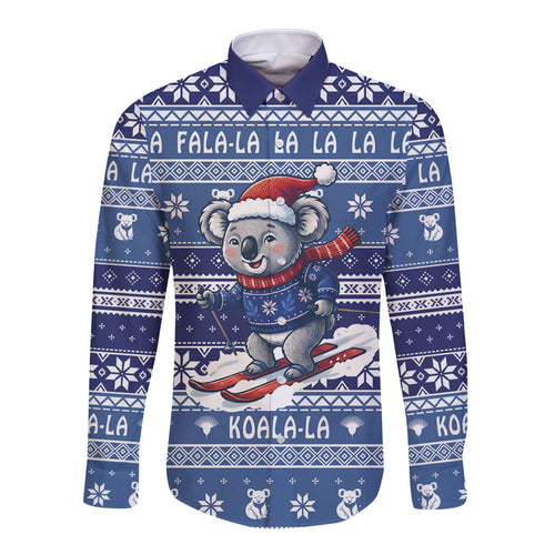 Australia Christmas In July Long Sleeve Button Shirt Koala Santa Skiing Blue Color