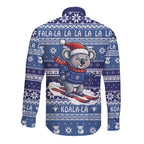 Australia Christmas In July Long Sleeve Button Shirt Koala Santa Skiing Blue Color