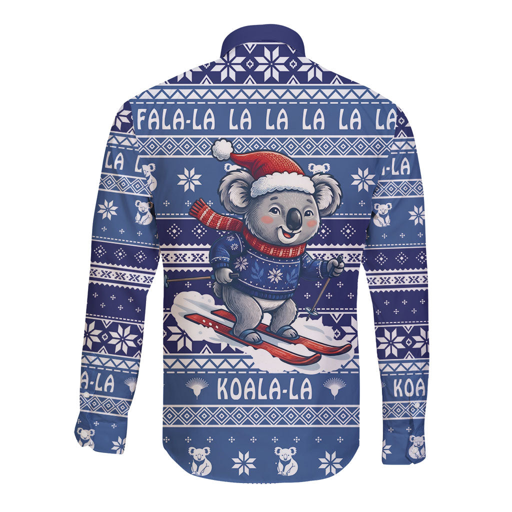 Australia Christmas In July Long Sleeve Button Shirt Koala Santa Skiing Blue Color