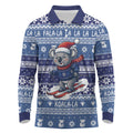 Australia Christmas In July Long Sleeve Polo Shirt Koala Santa Skiing Blue Color