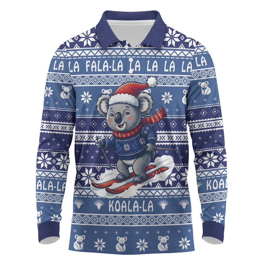 Australia Christmas In July Long Sleeve Polo Shirt Koala Santa Skiing Blue Color