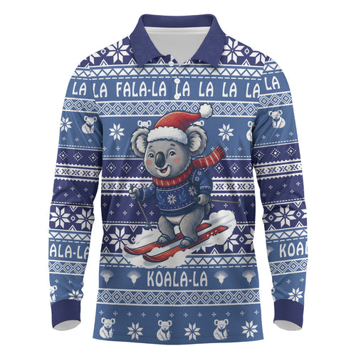 Australia Christmas In July Long Sleeve Polo Shirt Koala Santa Skiing Blue Color