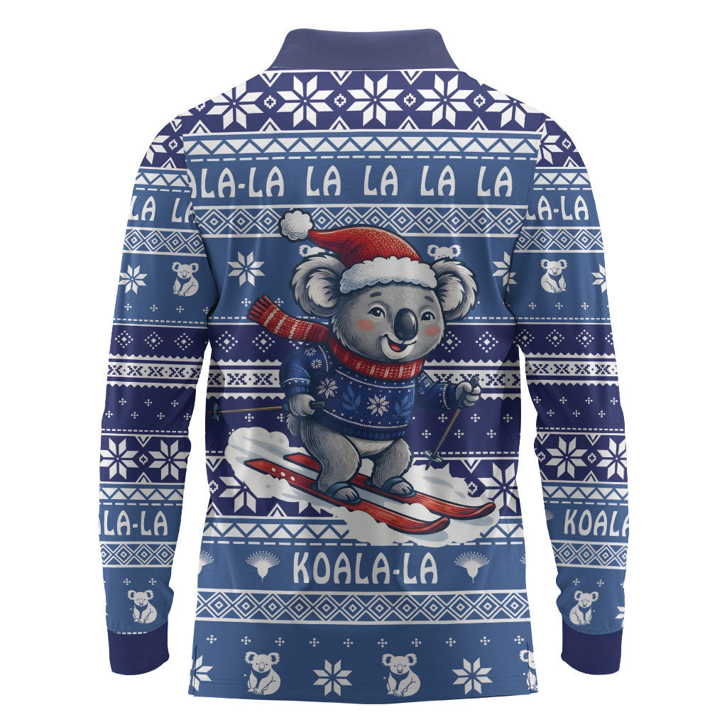 Australia Christmas In July Long Sleeve Polo Shirt Koala Santa Skiing Blue Color