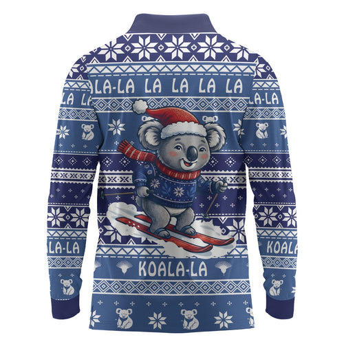 Australia Christmas In July Long Sleeve Polo Shirt Koala Santa Skiing Blue Color