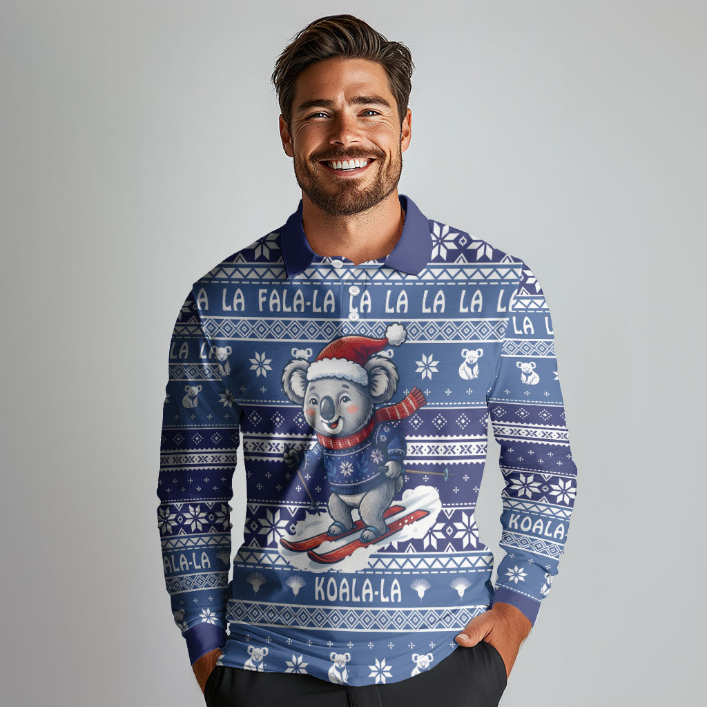 Australia Christmas In July Long Sleeve Polo Shirt Koala Santa Skiing Blue Color