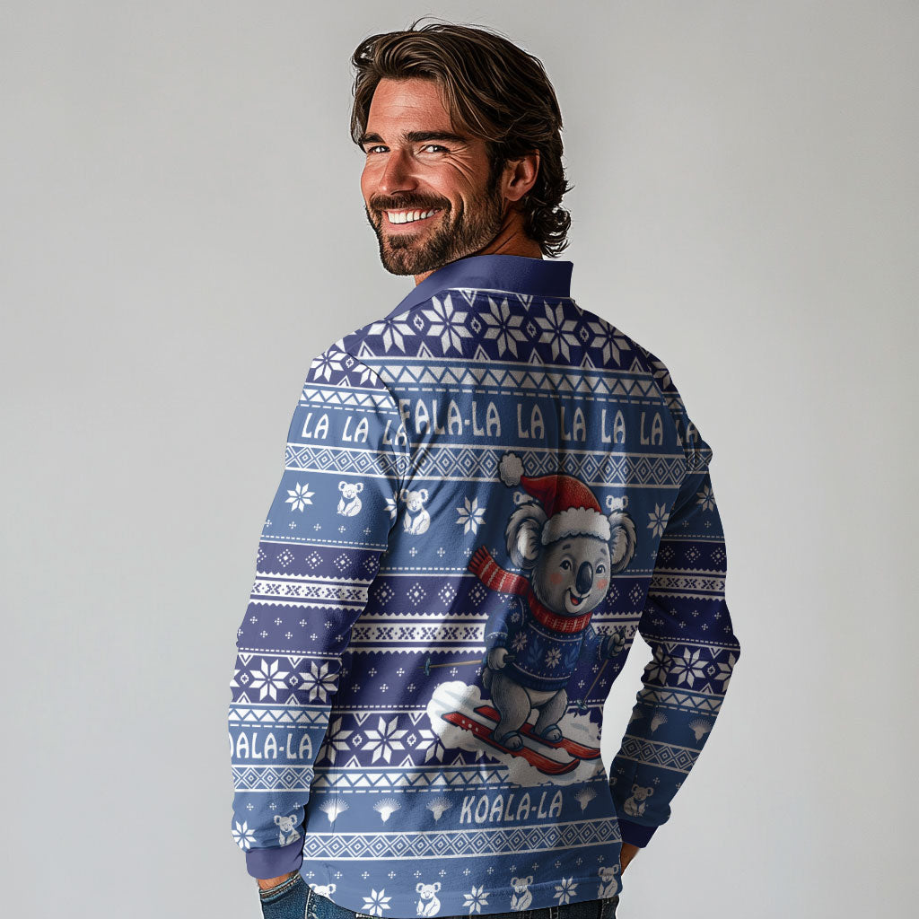 Australia Christmas In July Long Sleeve Polo Shirt Koala Santa Skiing Blue Color