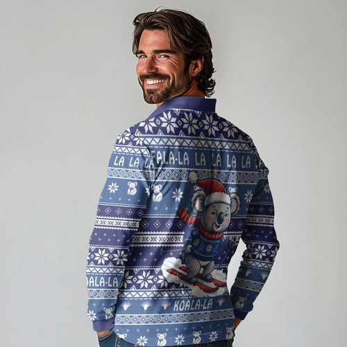 Australia Christmas In July Long Sleeve Polo Shirt Koala Santa Skiing Blue Color