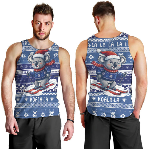 Australia Christmas In July Men Tank Top Koala Santa Skiing Blue Color