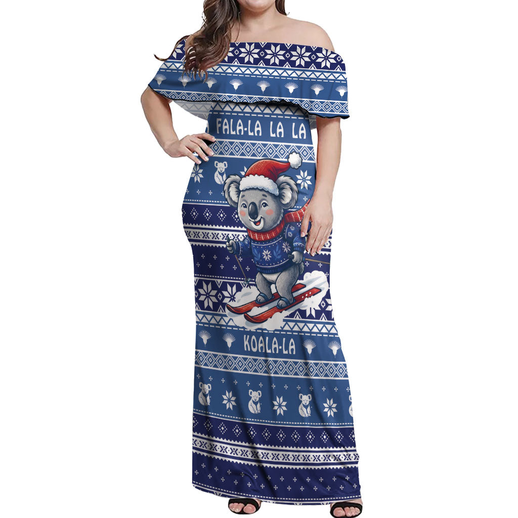 Australia Christmas In July Off Shoulder Maxi Dress Koala Santa Skiing Blue Color