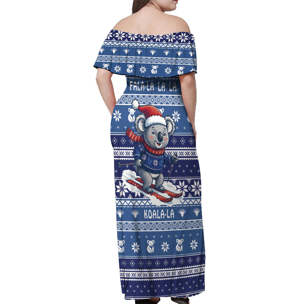 Australia Christmas In July Off Shoulder Maxi Dress Koala Santa Skiing Blue Color