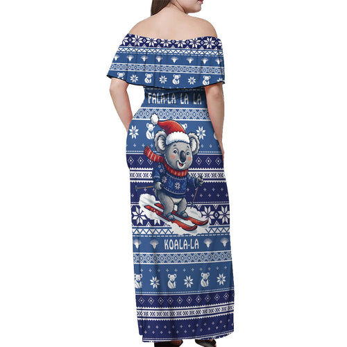 Australia Christmas In July Off Shoulder Maxi Dress Koala Santa Skiing Blue Color