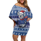 Australia Christmas In July Off Shoulder Short Dress Koala Santa Skiing Blue Color