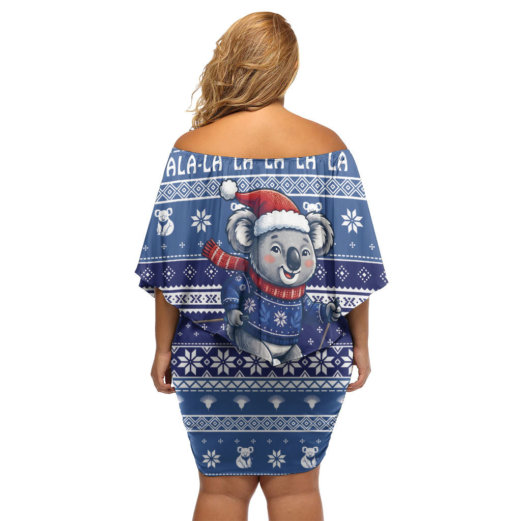 Australia Christmas In July Off Shoulder Short Dress Koala Santa Skiing Blue Color